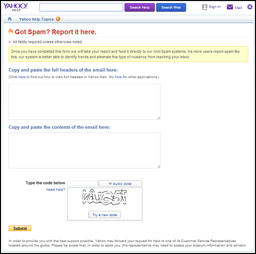 Formulaire Spam Report Yahoo